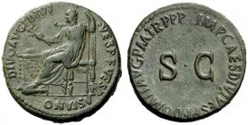 THE ROMAN EMPIRE 
 Titus, 79 – 81 
 Divus Titus. Sestertius 81-82, Æ 24.90 g. DIVO AVG T DIVI – VESP F VESP – ASIANO Divus Titus radiate and seated ...