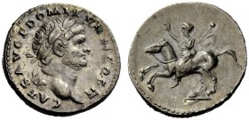 THE ROMAN EMPIRE 
 Domitian caesar, 69 – 81 
 Denarius 73, AR 3.54 g. CAES AVG F DOMITIAN COS II Laureate head r. Rev. Domitian on prancing horse l....