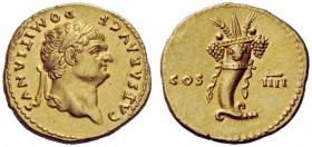 THE ROMAN EMPIRE 
 Domitian caesar, 69 – 81 
 Aureus early 76-early 77, AV 7.38 g. CAESAR AVG F DOMITIANVS Laureate head r. Rev. COS – IIII Cornucop...