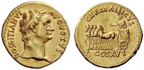 THE ROMAN EMPIRE 
 Domitian, augustus 81 – 96 
 Aureus 92-94, AV 7.55 g. DOMITIANVS – AVGVSTVS Bare head r. Rev. GERMANICVS Domitian in triumphal qu...