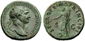 THE ROMAN EMPIRE 
 Trajan, 98 – 117 
 Sestertius circa 104/5-107 and later, Æ 25.50 g. IMP CAES NERVAE TRAIANO AVG GER DAC P M TR P COS V P P Laurea...