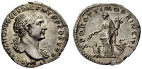 THE ROMAN EMPIRE 
 Trajan, 98 – 117 
 Denarius circa 106-107, AR 3.14 g. IMP TRAIANO AVG GER DAC P M TR P COS V P P Laureate bust r. with aegis. Rev...