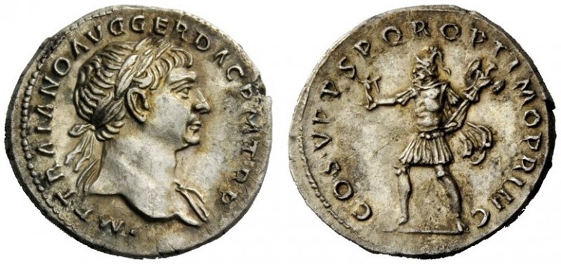 THE ROMAN EMPIRE 
 Trajan, 98 – 117 
 Denarius, circa 107-108, AR 3.24 g. IMP ...