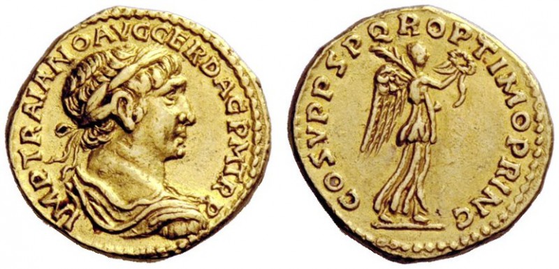 THE ROMAN EMPIRE 
 Trajan, 98 – 117 
 Quinarius, second half 107-111, AV 3.65 ...