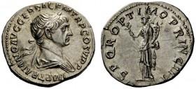 THE ROMAN EMPIRE 
 Trajan, 98 – 117 
 Denarius, Spring 113-Summer 114, AR 3.37 g. IMP TRAIANO AVG GER DAC P M TR P COS VI P P Laureate and draped bu...