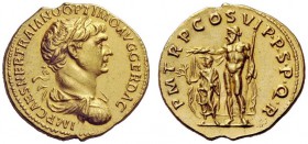 THE ROMAN EMPIRE 
 Trajan, 98 – 117 
 Aureus 114-115, AV 7.19 g. IMP CAES NER TRAIANO OPTIMO AVG GER DAC Laureate, draped and cuirassed bust r. Rev....