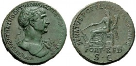 THE ROMAN EMPIRE 
 Trajan, 98 – 117 
 Sestertius Winter 114-early Spring 115, Æ 25.43 g. IMP CAES NER TRAIANO OPTIMO AVG GER DAC PM TR P COS VI P P ...