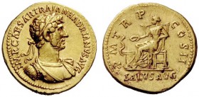 THE ROMAN EMPIRE 
 Hadrian, 117-138 
 Aureus 118, AV 7.16 g. IMP CAESAR TRAIAN HADRIANVS AVG Laureate and cuirassed bust r. with strap across chest ...