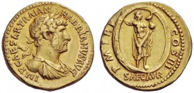 THE ROMAN EMPIRE 
 Hadrian, 117-138 
 Aureus 121, AV 7.34 g. IMP CAESAR TRAIAN – HADRIANVS AVG Laureate and draped bust r. Rev. P M T R P – COS III ...