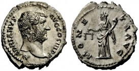 THE ROMAN EMPIRE 
 Hadrian, 117-138 
 Denarius 134-138, AR 3.08 g. HADRIANVS – AVG COS III P P Bare head r. Rev. MONE – TA AVG Moneta standing l., h...