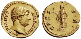 THE ROMAN EMPIRE 
 Hadrian, 117-138 
 Aureus 134-138, AV 7.12 g. HADRIANVS – AVG COS III P P Bare-headed bust r. with drapery on l. shoulder. Rev. S...