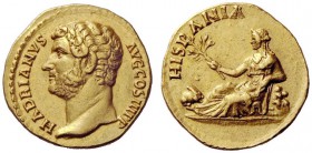 THE ROMAN EMPIRE 
 Hadrian, 117-138 
 Aureus 134-138, AV 7.26 g. HADRIANVS – AVG COS III P P Bare head l. Rev. HISPANIA Hispania reclining l., holdi...