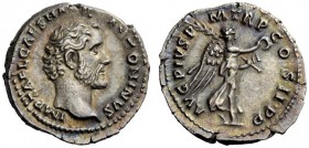 THE ROMAN EMPIRE 
 Antoninus Pius augustus, 138 – 161 
 Denarius 139, AR 2.77 g. IMP T AEL CAES HADR – ANTONINVS Bare head r. Rev. AVG PIVS P – M TR...
