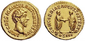 THE ROMAN EMPIRE 
 Marcus Aurelius augustus, 161 – 180 
 Aureus 161, AV 7.21 g. IMP CAES M AVREL ANTONINVS AVG Bare head r. Rev. CONCORDIAE AVGVSTOR...