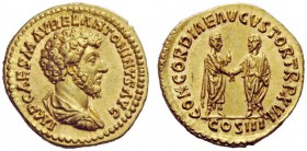 THE ROMAN EMPIRE 
 Marcus Aurelius augustus, 161 – 180 
 Aureus 161-162, AV 7.26 g. IMP CAES M AVREL ANTONINVS AVG Bareheaded, draped and cuirassed ...