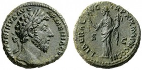 THE ROMAN EMPIRE 
 Marcus Aurelius augustus, 161 – 180 
 As 164-165, Æ 11.80 g. M ANTONINVS AVG – ARMENIACVS Laureate head r. Rev. LIBERAL – AVG – T...