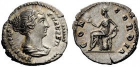 THE ROMAN EMPIRE 
 Faustina II, daughter of Antoninus Pius and wife of Marcus Aurelius 
 Denarius 138-161, AR 3.31 g. FAVSTINA AVG – PII AVG FIL Dra...
