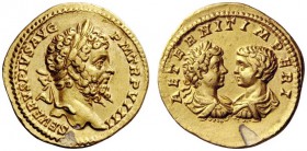 THE ROMAN EMPIRE 
 Septimius Severus, 193 – 211 
 Aureus 201, AV 7.24 g. SEVERVS PIVS AVG – P M TR P VIIII Laureate head of Septimius Severus r. Rev...