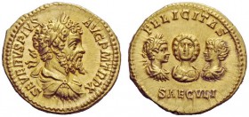 THE ROMAN EMPIRE 
 Septimius Severus, 193 – 211 
 Aureus circa 202, AV 7.26 g. SEVERVS PIVS – AVG P M TR P X Laureate, draped and cuirassed bust r. ...