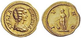 THE ROMAN EMPIRE
Julia Domna, wife of Septimius Severus
Aureus circa 196–211, AV 7.59 g. IVLIA – AVGVSTA Draped bust r. Rev. IVNO Juno, veiled, stan...