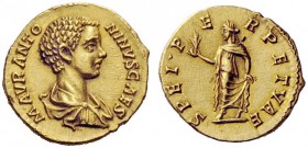 THE ROMAN EMPIRE 
 Caracalla, caesar 195 – 198 
 Aureus 196, AV 7.31 g. M AVR ANTO – NINVS CAES Bareheaded, draped and cuirassed bust r. Rev. SPEI P...