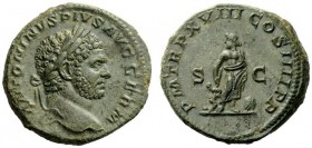 THE ROMAN EMPIRE 
 Caracalla, augustus 198 – 217 
 As 215, Æ 11.32 g. ANTONINVS PIVS AVG GERM Laureate head r. Rev. PM TR P XVIII COS IIII P P / S –...