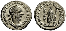 THE ROMAN EMPIRE 
 Macrinus, 217 – 218 
 Denarius 217, AR 3.38 g. IMP C M OPEL SEV MACRINVS AVG Laureate and cuirassed bust r. Rev. PONTIF MAX TR P ...