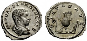 THE ROMAN EMPIRE 
 Severus Alexander caesar, after 10th July 221 – March 222 
 Denarius 221-222, AR 1.99 g. M AVR ALEXANDER CAES Bareheaded and drap...