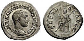 THE ROMAN EMPIRE 
 Gordian I, 1st – 22nd April 238 
 Denarius 1st-22nd April 238, AR 3.33 g. IMP M ANT GORDIANVS AFR AVG Laureate, draped and cuiras...
