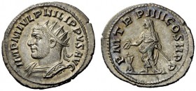 THE ROMAN EMPIRE 
 Philip I, 244 – 249 
 Antoninianus, Antiochia 247, AR 3.72 g. IMP M IVL PHILIPPVS AVG Radiate and cuirassed bust l. Rev. P M TR P...