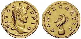 THE ROMAN EMPIRE 
 Carus, 282 – 283 
 Divo Caro. Aureus, Lugdunum after 283, AV 4.38 g. DIVO CARO PIO Laureate head r. Rev. CONSECRATIO Eagle standi...