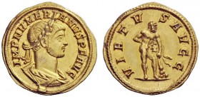 THE ROMAN EMPIRE 
 Numerian, 282 – 284 
 Aureus circa 284, AV 4.55 g. IMP NVMERIANVS P F AVG Laureate, draped and cuirassed bust r. Rev. VIRTV – S A...