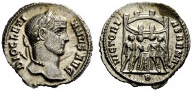 THE ROMAN EMPIRE 
 Diocletian, 284 - 305 
 Argenteus 295-297, AR 2.60 g. DIOCLETI – ANVS AVG Laureate head r. Rev. VICTORI – A SARMAT Six-turreted c...