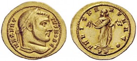 THE ROMAN EMPIRE 
 Maxentius caesar, 306-307 
 Aureus, Carthage 306-307, AV 5.13 g. MAXENT – IVS NOB C Laureate head r. Rev. FELIX KA – RTHAGO Carth...