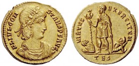 THE ROMAN EMPIRE 
 Constans, 337-350 
 Solidus, Thessalonica 337-340, AV 4.61 g. FL IVL CON – STANS P F AVG Pearl and rosette-diademed, draped and c...