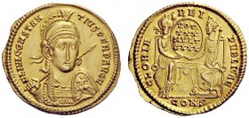 THE ROMAN EMPIRE 
 Constantius II, 337 – 361 
 Solidus, Constantinopolis 351-355, AV 4.39 g. FL IVL CONSTAN – TIVS PERP AVG Helmeted, draped and cui...