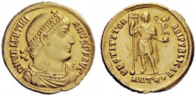 LATE ROMAN COINAGE 
 Valentinian I, 364 – 375 
 Solidus, Antiochia 364-367, AV 4.45 g. D N VALENTINI – ANVS P F AVG Pearl-diademed, draped and cuira...