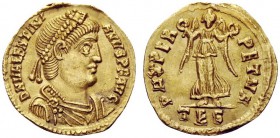 LATE ROMAN COINAGE 
 Valentinian I, 364 – 375 
 9 siliquae, Thessalonica 367-375, AV 1.59 g. DN VALENTINI – ANVS PF AVG Pearl-diademed, draped and c...