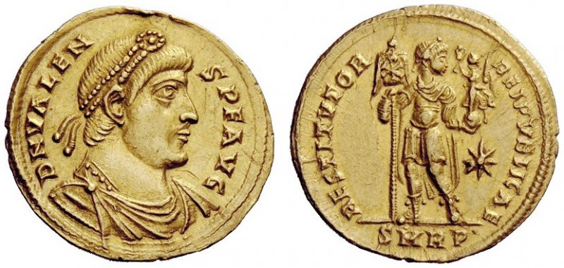 LATE ROMAN COINAGE 
 Valens, 364 – 378 
 Solidus, 364-367, AV 4.54 g. D N VALE...