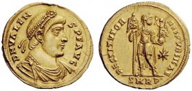 LATE ROMAN COINAGE 
 Valens, 364 – 378 
 Solidus, 364-367, AV 4.54 g. D N VALEN – S P F AVG Pearl-diademed, draped and cuirassed bust r. Rev. RESTIT...