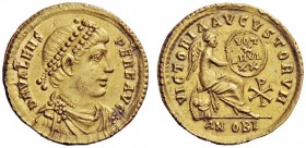 LATE ROMAN COINAGE 
 Valens, 364 – 378 
 Solidus, Antiochia 367-375, AV 4.48 g. DN VALENS – PERF AVG Pearl-diademed, draped and cuirassed bust r. Re...