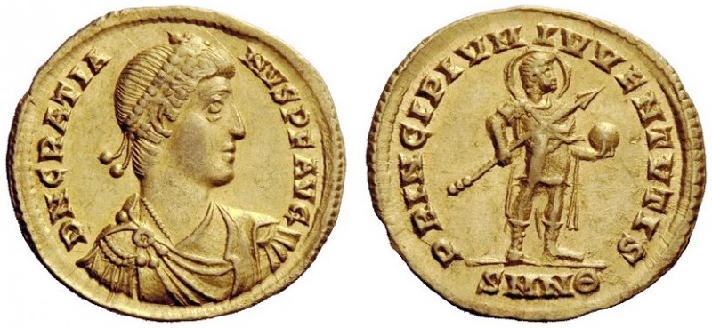LATE ROMAN COINAGE 
 Gratian, 367 – 383 
 Solidus, Nicomedia 367-375, AV 4.33 ...