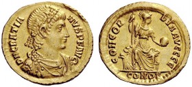LATE ROMAN COINAGE 
 Gratian, 367 – 383 
 Solidus, Constantinopolis 375-378, AV 4.45 g. D N GRATIA – NVS P F AVG Rosette-diademed, draped and cuiras...