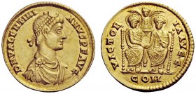 LATE ROMAN COINAGE 
 Valentinian II, 375 – 392 
 Solidus, Mediolanum 378–383, AV 4.15 g. D N VALENTINI – ANVS IVN P F AVG Pearl-diademed, draped and...