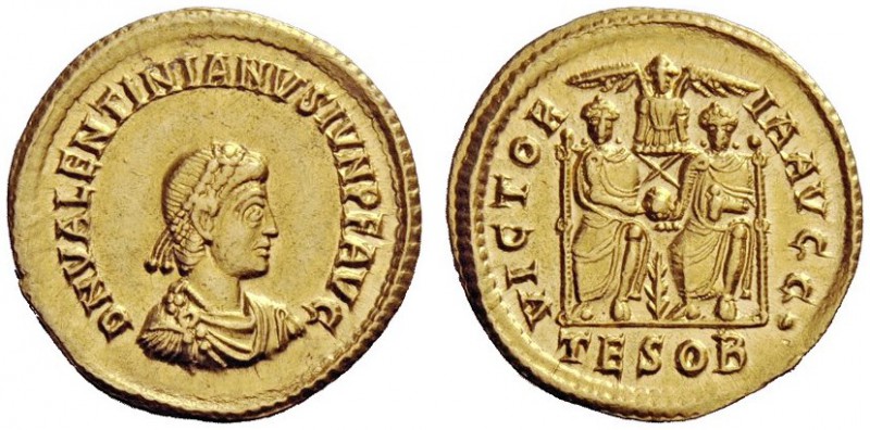 LATE ROMAN COINAGE 
 Valentinian II, 375 – 392 
 Solidus, Thessalonica 379, AV...