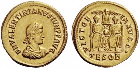 LATE ROMAN COINAGE 
 Valentinian II, 375 – 392 
 Solidus, Thessalonica 379, AV 4.43 g. D N VALENTINIANVS IVN P F AVG Pearl-diademed, draped and cuir...
