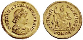 LATE ROMAN COINAGE 
 Valentinian II, 375 – 392 
 Solidus, Constantinopolis 380, AV 4.44 g. D N VALENTINIANVS P F AVG Pearl-diademed, draped and cuir...