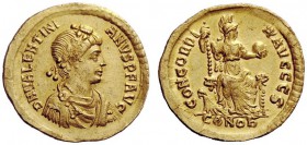 LATE ROMAN COINAGE 
 Valentinian II, 375 – 392 
 Solidus, Constantinopolis 383-388, AV 4.38 g. D N VALENTINI – ANVS P F AVG Rosette and pearl-diadem...