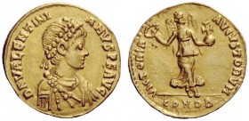LATE ROMAN COINAGE 
 Valentinian II, 375 – 392 
 Tremissis, Constantinopolis 383-388, AV 1.25 g. D N VALENTINI – ANVS P F AVG Pearl-diademed, draped...