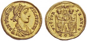 LATE ROMAN COINAGE 
 Theodosius I, 379 – 39 
 Solidus, Mediolanum 383-388, AV 4.49 g. DN THEODO – SIVS P F AVG Pearl-diademed, draped and cuirassed ...
